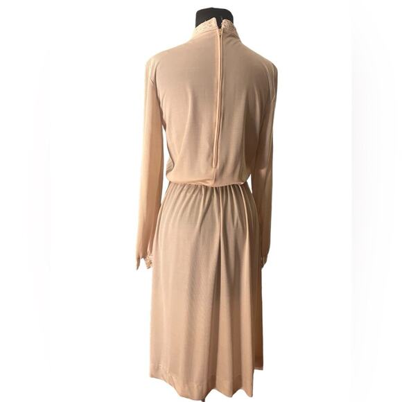 Vtg Soft Girl Modest Coquette Sheer Lace Trim Belted Boho Feminine Midi Dress M - Picture 4 of 9